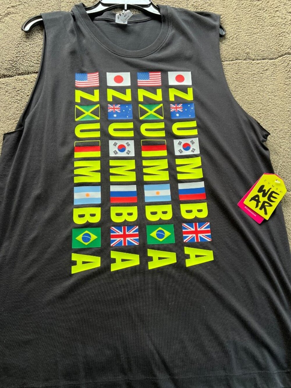 Zumba Wear World Flags Black Muscle Tee M/L